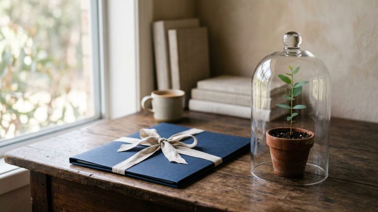 A sealed navy folder tied with a ribbon on a timber desk beside a seedling sheltered under a glass cloche.