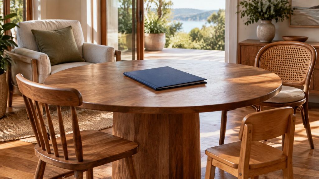 Several mismatched chairs grouped around a round timber table with a closed navy folder in the centre.