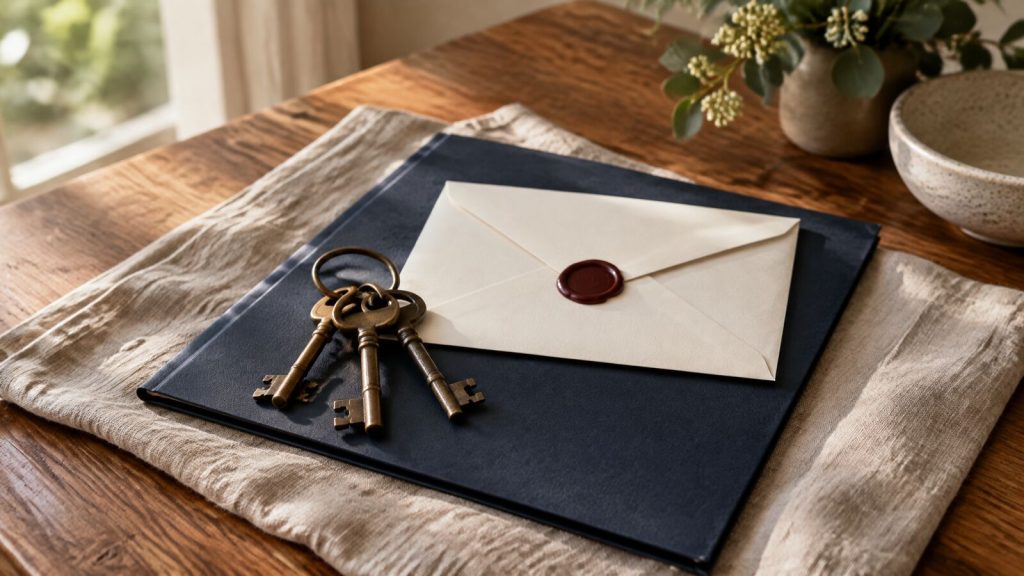 A ring of old house keys on a closed navy folder beside a wax-sealed envelope on soft linen.