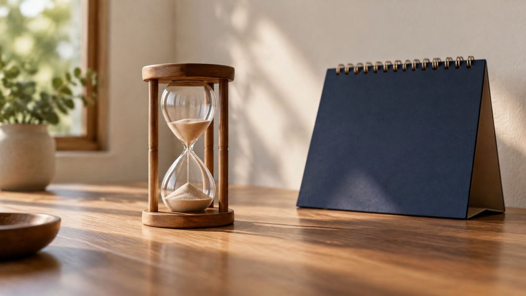 A wooden hourglass beside a blank calendar with a navy cover on a plain timber desk in soft light.