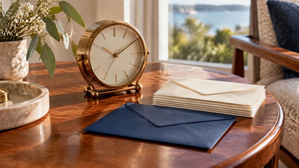 A brass desk clock beside a stack of blank envelopes including one navy envelope in soft window light.