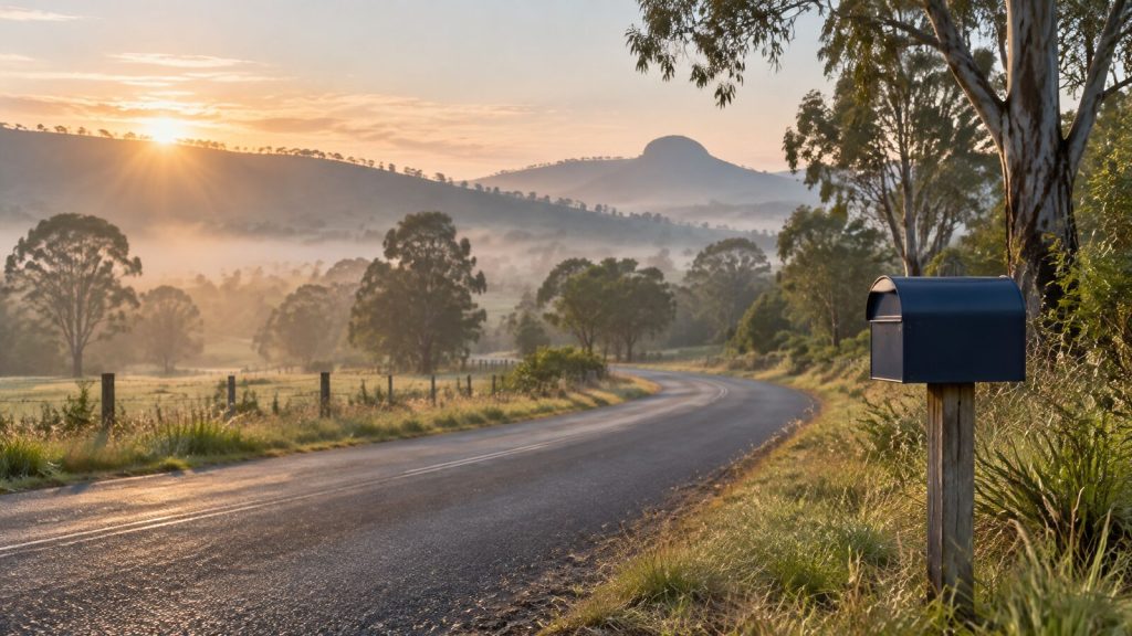 A quiet country road winding through Queensland hinterland at early morning with gentle mist and eucalyptus.