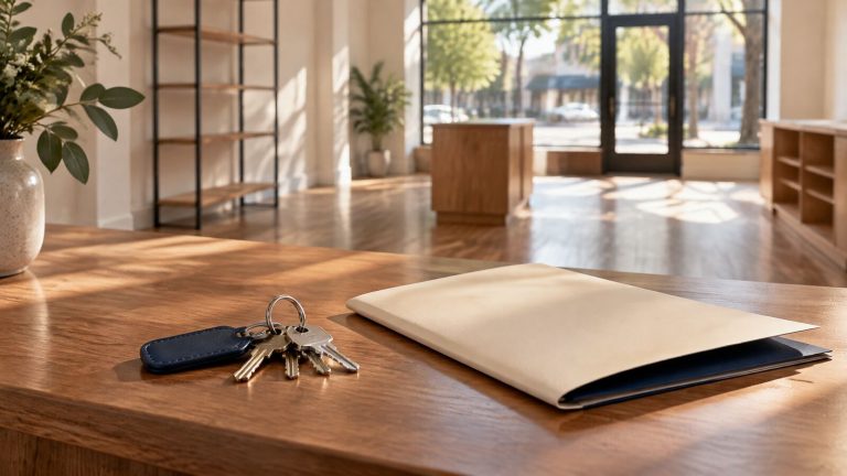 Shop keys on a clean empty shop counter beside a folded blank document with an empty shopfront behind.