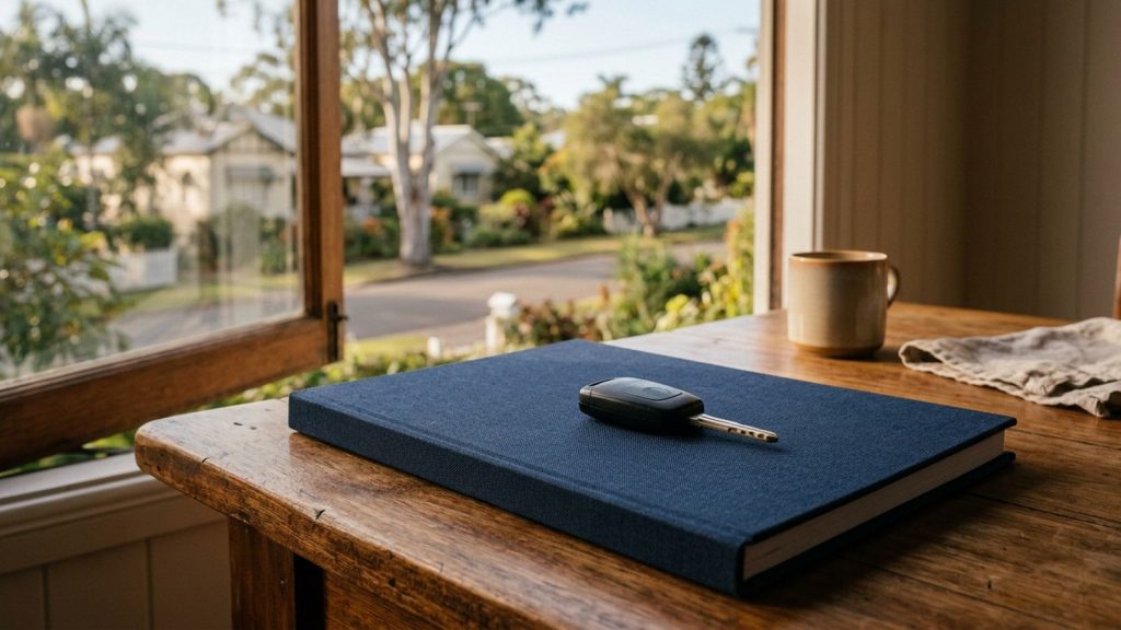 A single car key resting on a closed navy folder on a timber table with a softly blurred window behind.