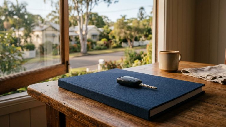 A single car key resting on a closed navy folder on a timber table with a softly blurred window behind.
