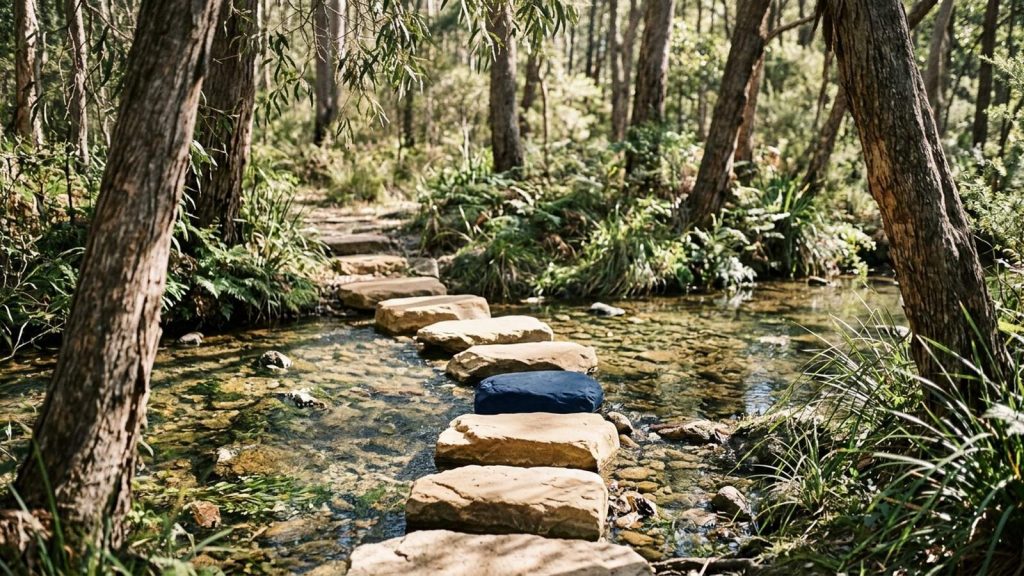 Flat stepping stones crossing a clear shallow creek among eucalyptus trees in dappled morning light.