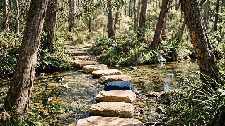 Flat stepping stones crossing a clear shallow creek among eucalyptus trees in dappled morning light.