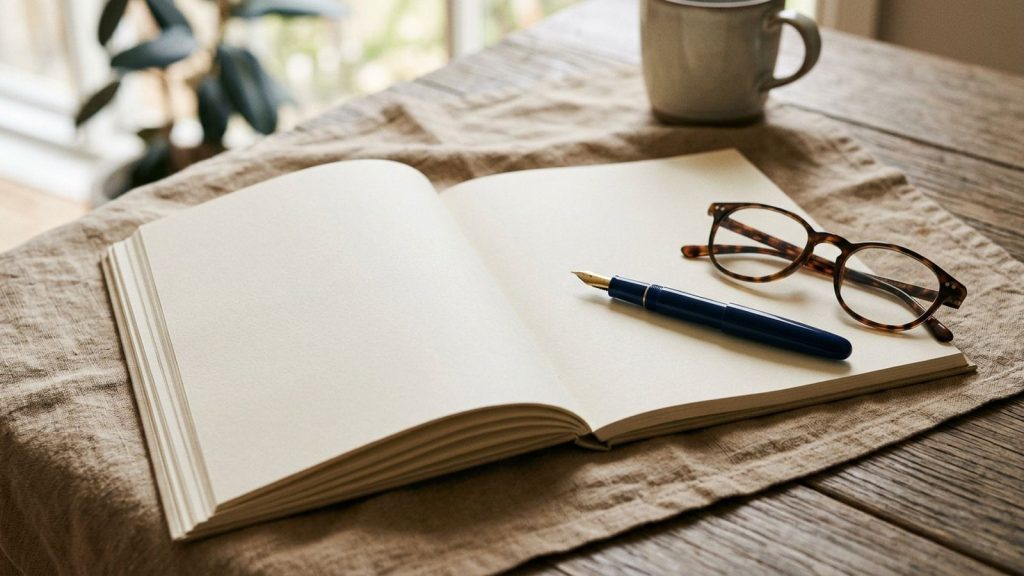 An open blank ledger book with reading glasses and a navy fountain pen arranged on a linen surface.