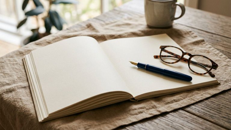 An open blank ledger book with reading glasses and a navy fountain pen arranged on a linen surface.