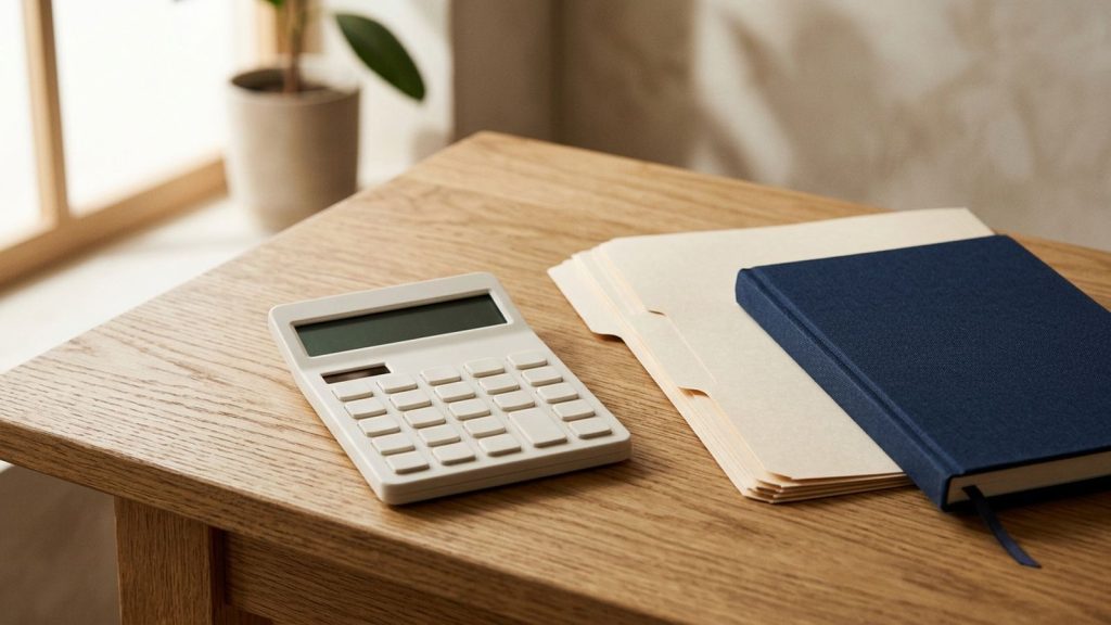 A plain calculator with no visible display beside blank folders and a navy cloth notebook on a timber desk.