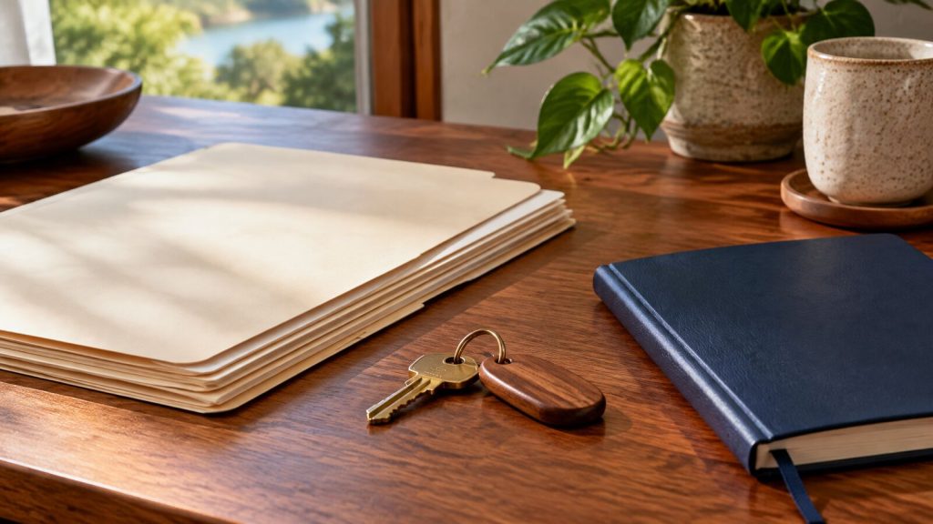 An organised timber desk with blank cream folders, a key on a wooden tag and a navy notebook.