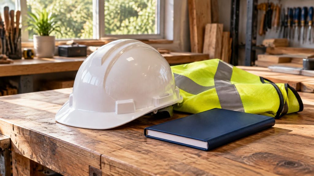 A clean hard hat and high-visibility vest resting on a workbench in a tidy well-lit workshop with no one present.