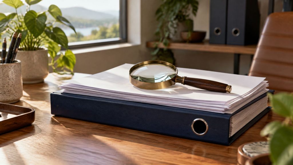 A magnifying glass on a neat stack of blank files and a navy binder on a small business office desk.