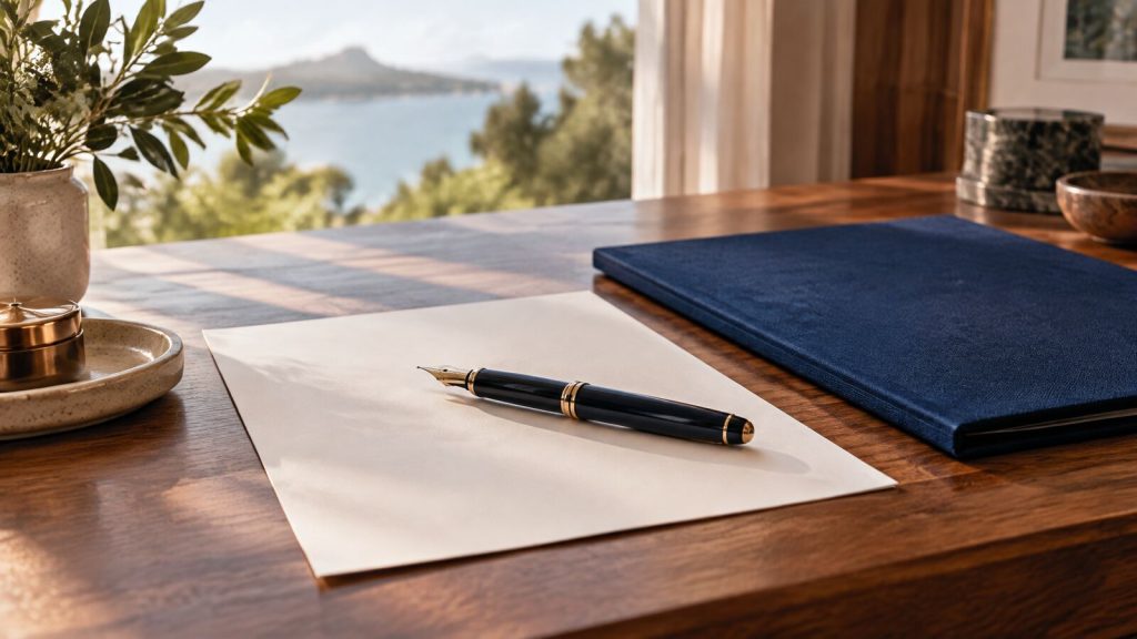 A fountain pen resting on a blank document on a timber desk beside a navy cloth-bound folder.