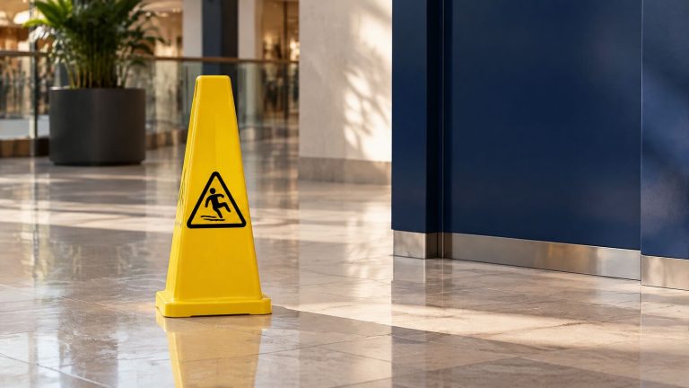 A plain yellow caution cone on a clean polished floor in soft light with no one present in the scene.