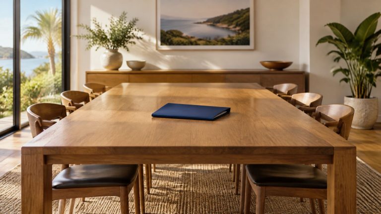 A meeting table with matching chairs neatly pushed in and a single navy folder in the centre.