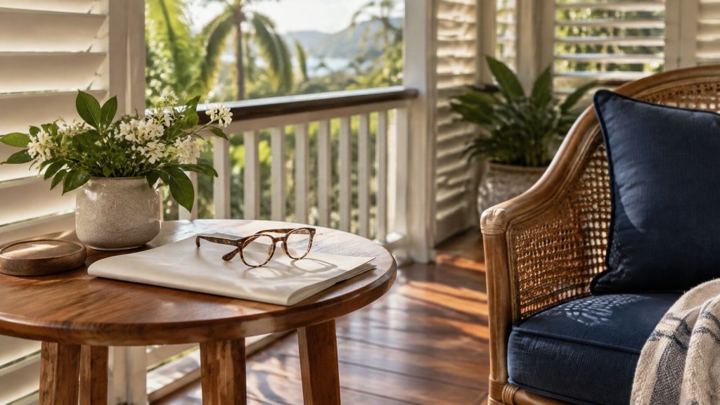 Reading glasses and a folded blank document on a veranda table beside a cane chair with a navy cushion.