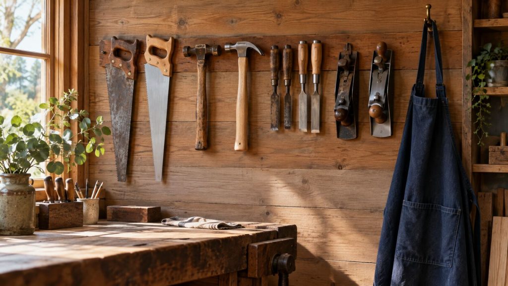 Older and newer hand tools hung side by side on a workshop wall with a navy apron on a hook.